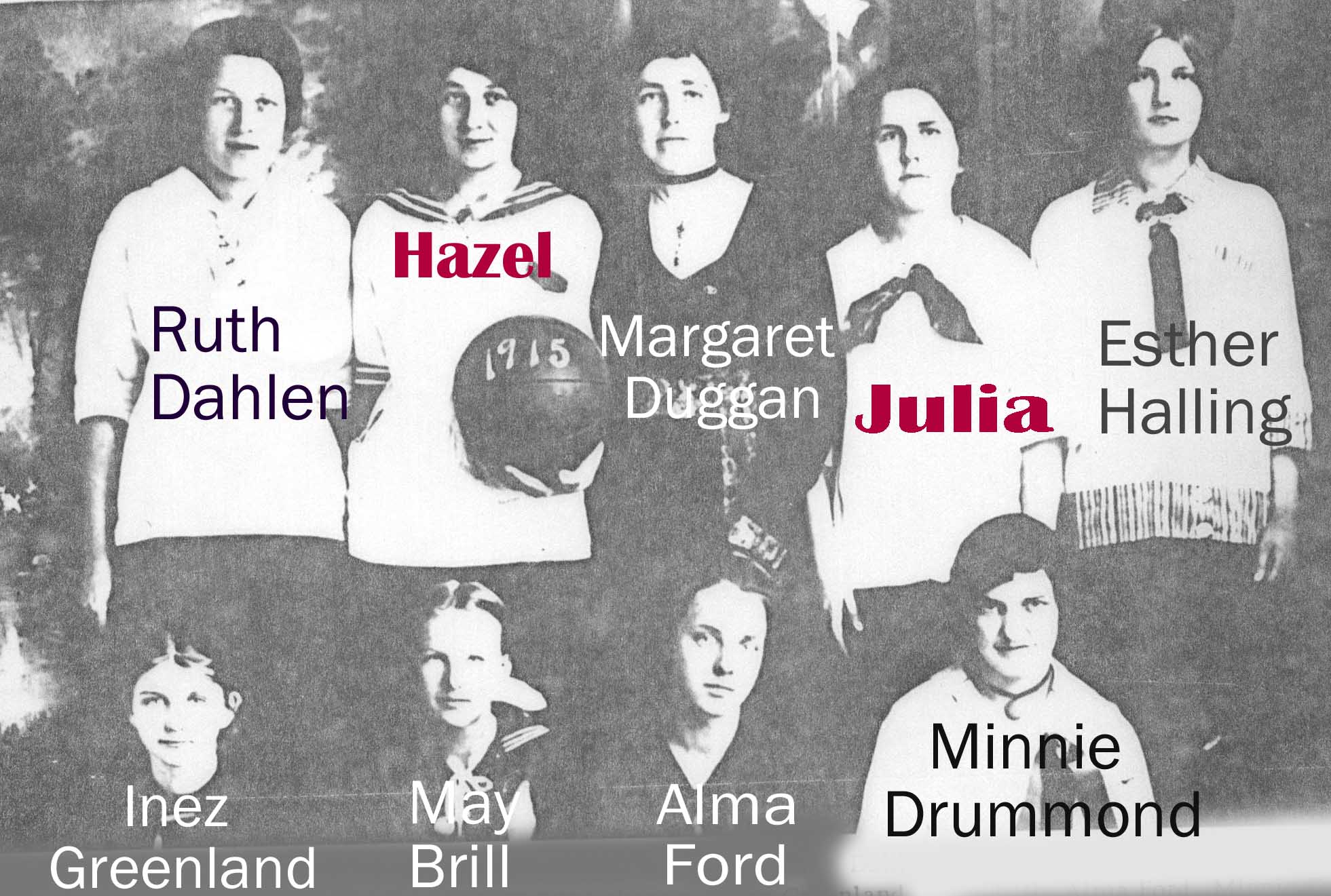 The 1915 Binford Women's Basketball Team: Ruth Dahlen, Hazel Maurer (Alm),  Margaret Duggan, Julia Alm, Esther Halling, Inez Greenland, May Brill, Alma Ford, and Minnie Drummond