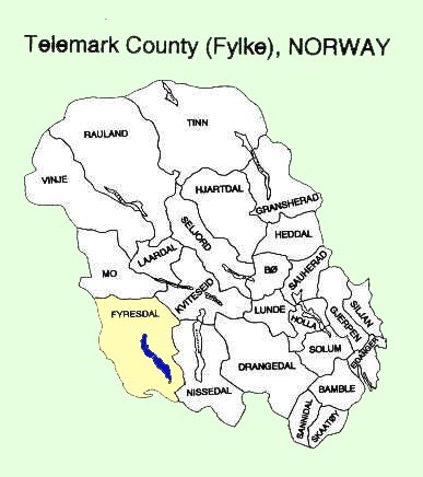 Map of Telemark with Fyresdal highlighted  