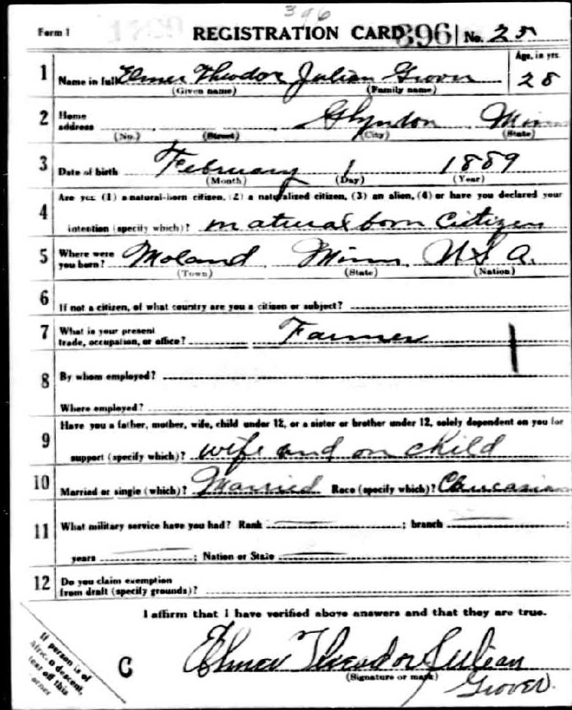 Elmer's World War One Draft Registration
